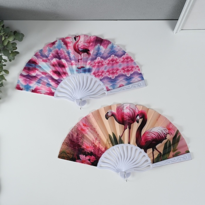 Веер пластик, текстиль  Веер пластик, текстиль "Розовый фламинго" МИКС 23 см