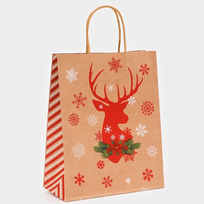 Новый год. Пакет бумажный подарочный новогодний крафт Новый год. Пакет бумажный подарочный новогодний крафт "Олень", 27 х 21 х 11 см.