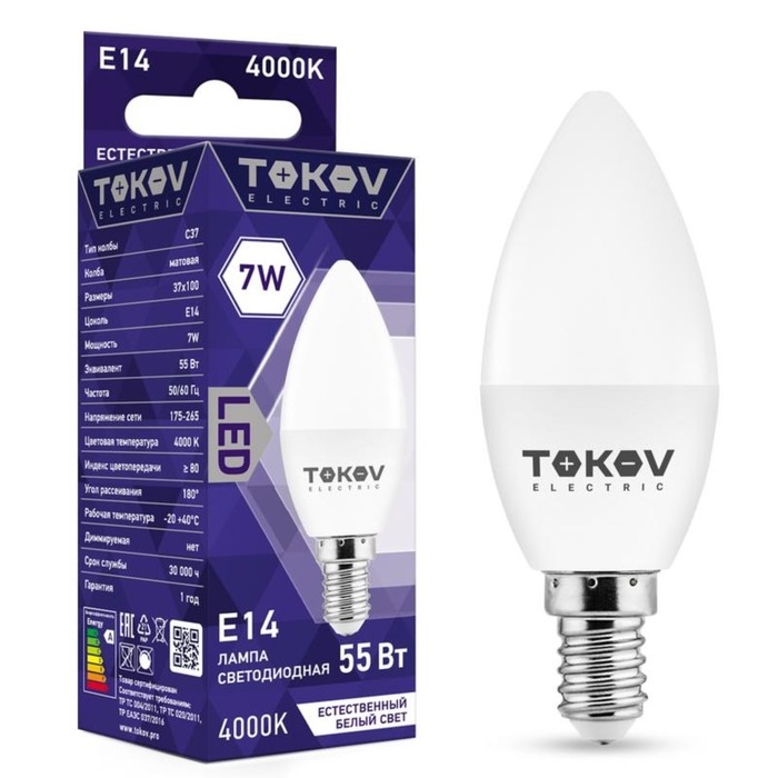 Лампа светодиодная TOKOV ELECTRIC, 7 Вт, С37, 4000 К, Е14, 176-264В Лампа светодиодная TOKOV ELECTRIC, 7 Вт, С37, 4000 К, Е14, 176-264В