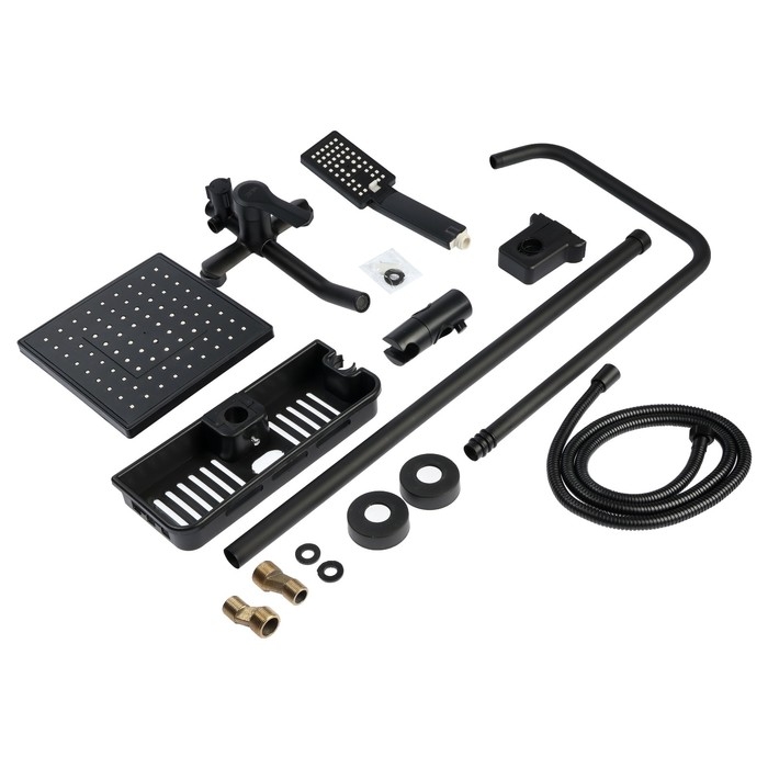 Душевая система ZEIN Z3861, смеситель, тропическая и ручная лейка, полка, латунь, черная Душевая система ZEIN Z3861, смеситель, тропическая и ручная лейка, полка, латунь, черная