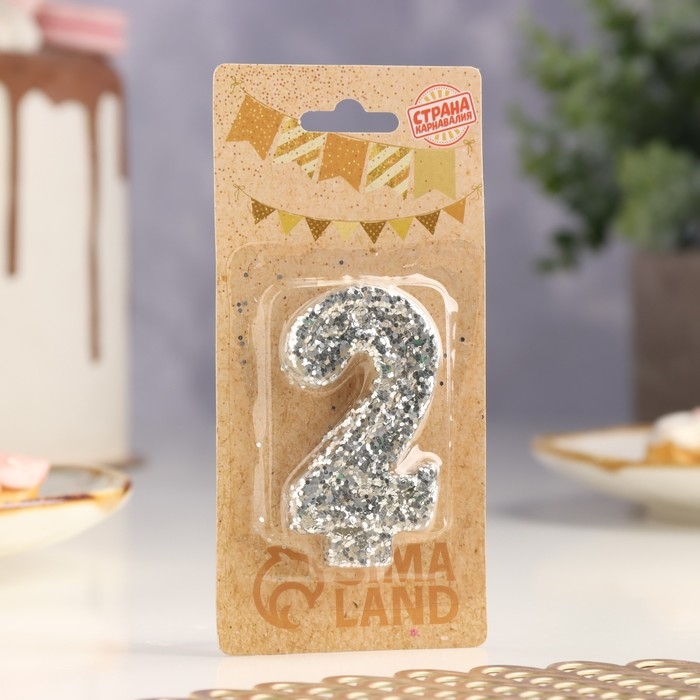 Свеча в торт «Блестки», цифра  Свеча в торт «Блестки», цифра "2", серебро, 6.5х4