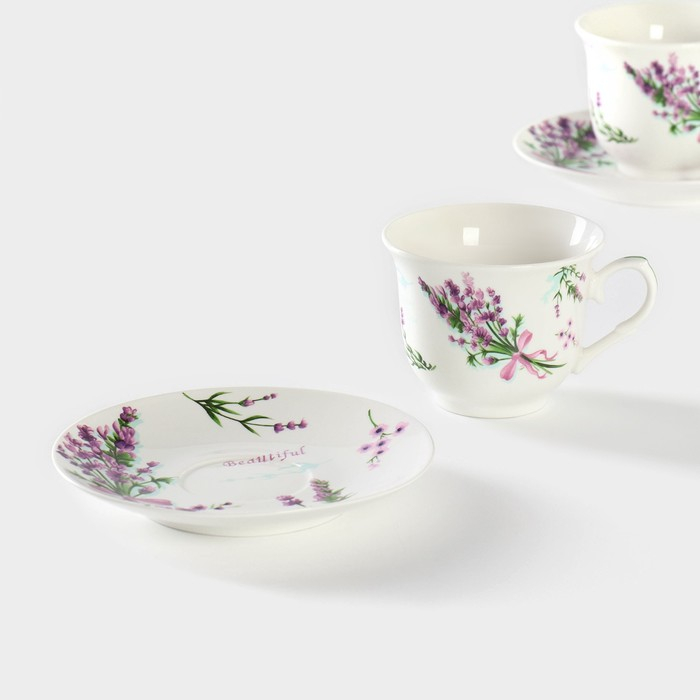 Сервиз фарфоровый чайный Доляна «Лаванда», 4 предмета: 2 чашки 220 мл, 2 блюдца d=14,2 см, цвет белый Сервиз фарфоровый чайный Доляна «Лаванда», 4 предмета: 2 чашки 220 мл, 2 блюдца d=14,2 см, цвет белый