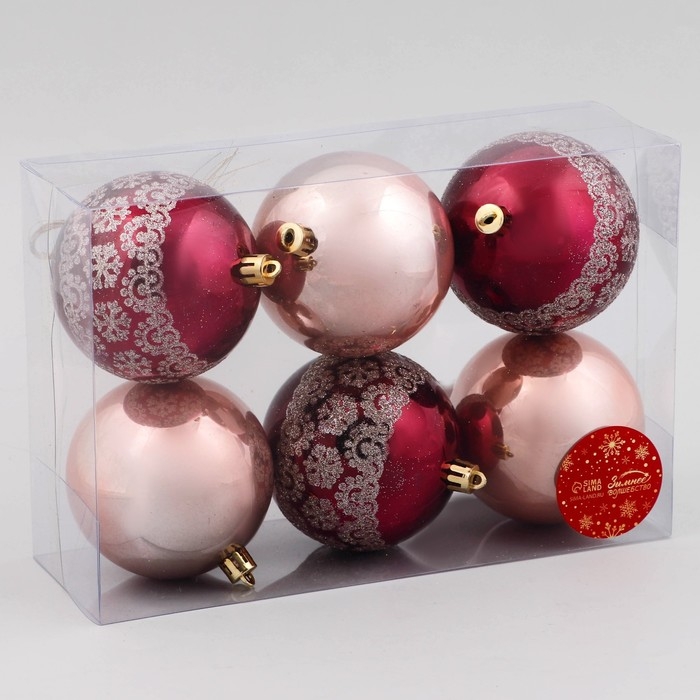 Набор шаров пластик d-8 см, 6 шт Набор шаров пластик d-8 см, 6 шт "Ночка" цветы узор, бордовый золото