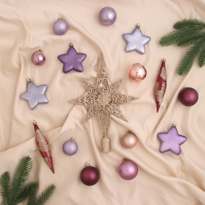 Набор украшений пластик с верхушкой 43 шт Набор украшений пластик с верхушкой 43 шт "Глория 1" (32 шара, 4 сосульки, 6 звёзд) микс