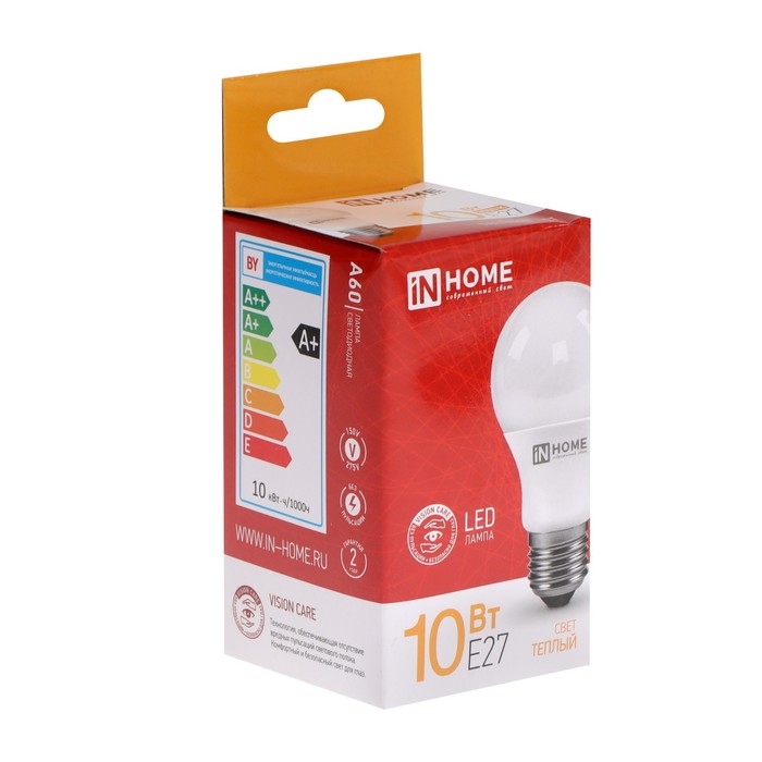 Лампа светодиодная IN HOME LED-A60-VC, Е27, 10 Вт, 230 В, 3000 К, 900 Лм Лампа светодиодная IN HOME LED-A60-VC, Е27, 10 Вт, 230 В, 3000 К, 900 Лм