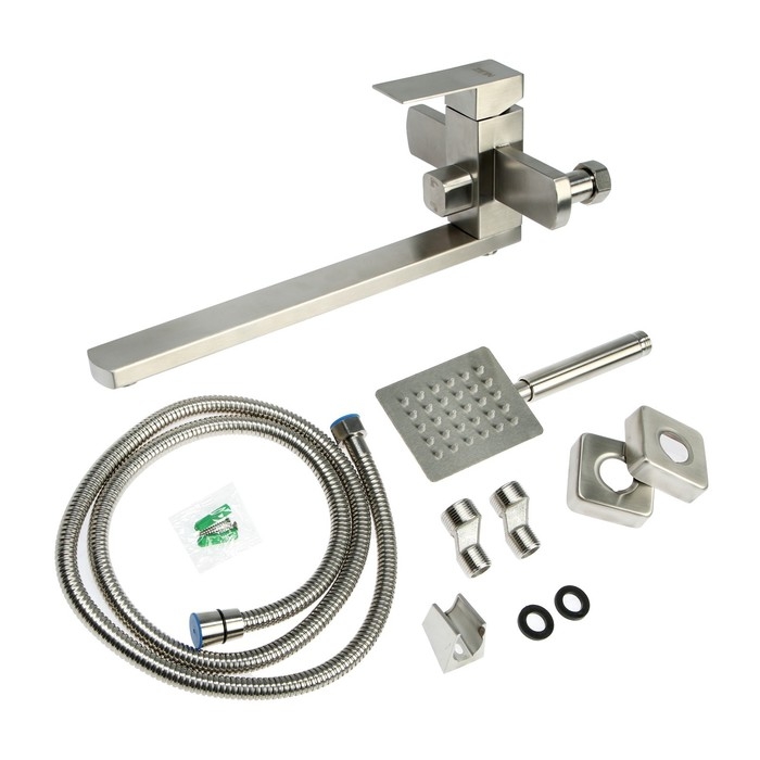 Смеситель для ванны ZEIN, квадрат, излив 35 см, с душевым набором, нержавеющая сталь, сатин Смеситель для ванны ZEIN, квадрат, излив 35 см, с душевым набором, нержавеющая сталь, сатин