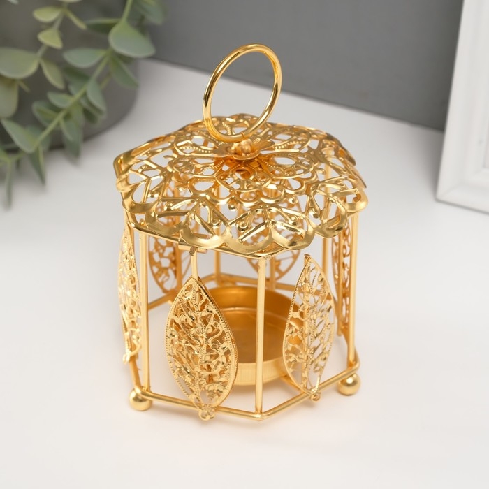 Подсвечник металл на 1 свечу  Подсвечник металл на 1 свечу "Фонарик. Цветок и листья" золото d=5,5 см 9,8х10,5х14 см