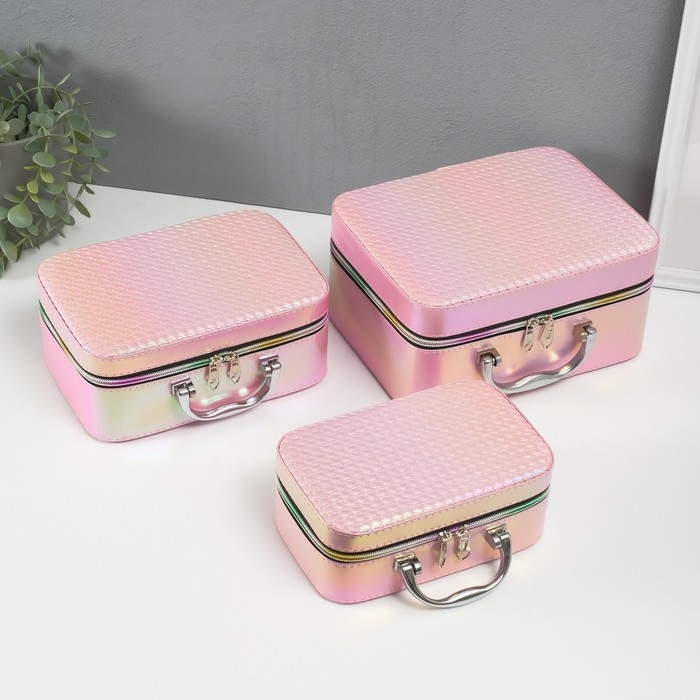 Шкатулка кожзам с зеркалом Шкатулка кожзам с зеркалом "Плетение" розовая н-р 3 шт 19,4х12,5х8 22х16х9 11,5х24,5х18,5 см