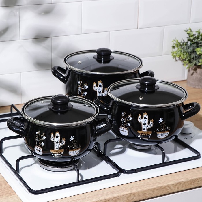 Набор кастрюль «Чёрные кактусы», 3 предмета: 2,1 л, 3,1 л, 4 л, индукция Набор кастрюль «Чёрные кактусы», 3 предмета: 2,1 л, 3,1 л, 4 л, индукция