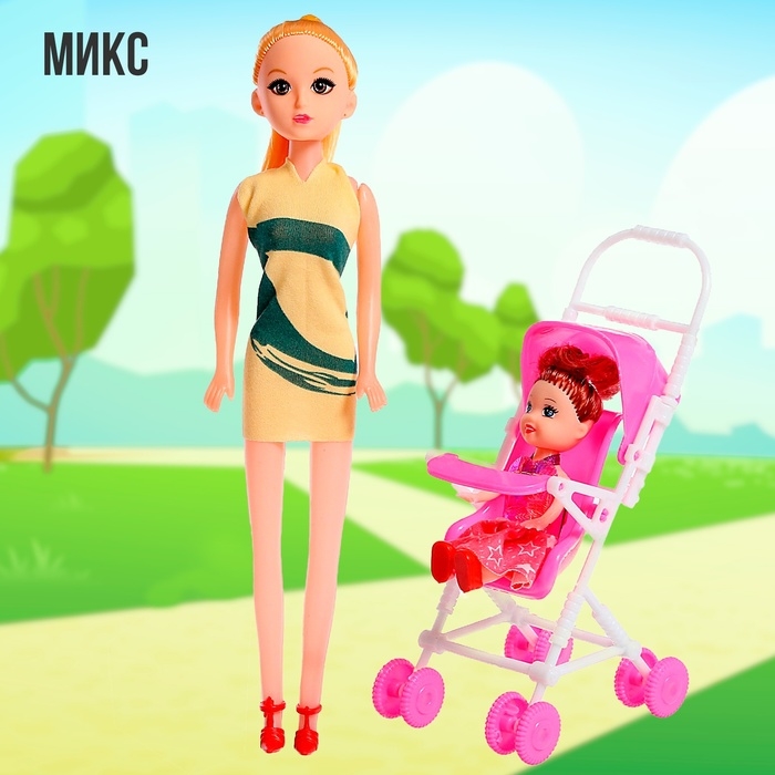 Кукла-модель «Мама с дочкой» с коляской, МИКС