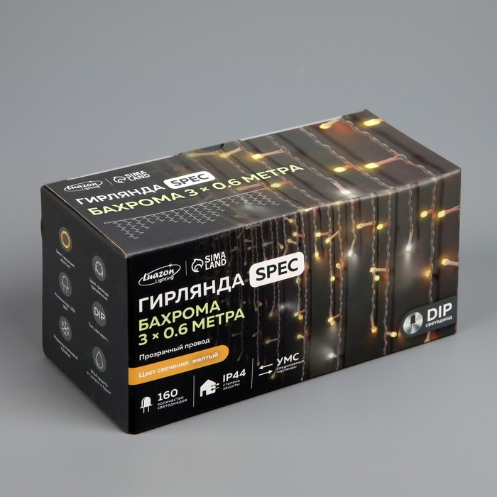 Гирлянда «Бахрома» 3 × 0.6 м, IP44, УМС, прозрачная нить, 160 LED, свечение жёлтое, мерцание белым, 220 В Гирлянда «Бахрома» 3 × 0.6 м, IP44, УМС, прозрачная нить, 160 LED, свечение жёлтое, мерцание белым, 220 В