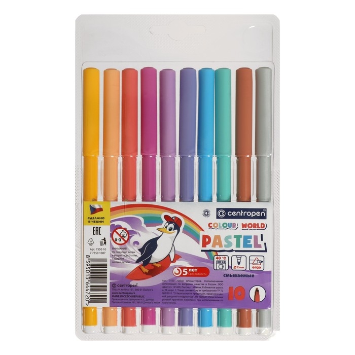 Фломастеры 10 цветов 2.0 мм Centropen 7550 TP Colour World Pastel, смываемые, европодвес Фломастеры 10 цветов 2.0 мм Centropen 7550 TP Colour World Pastel, смываемые, европодвес