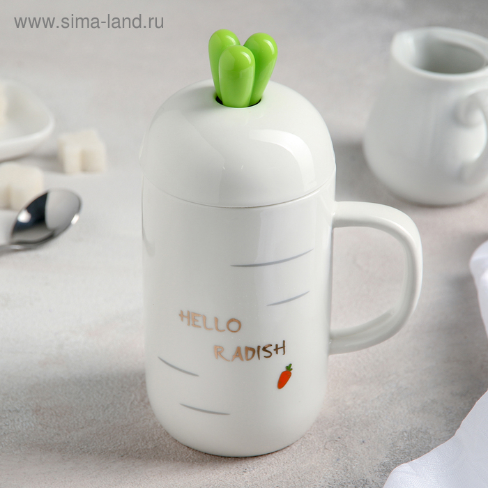 Кружка керамическая с крышкой и ложкой &laquo;Морковка&raquo;, 380 мл, цвет белый