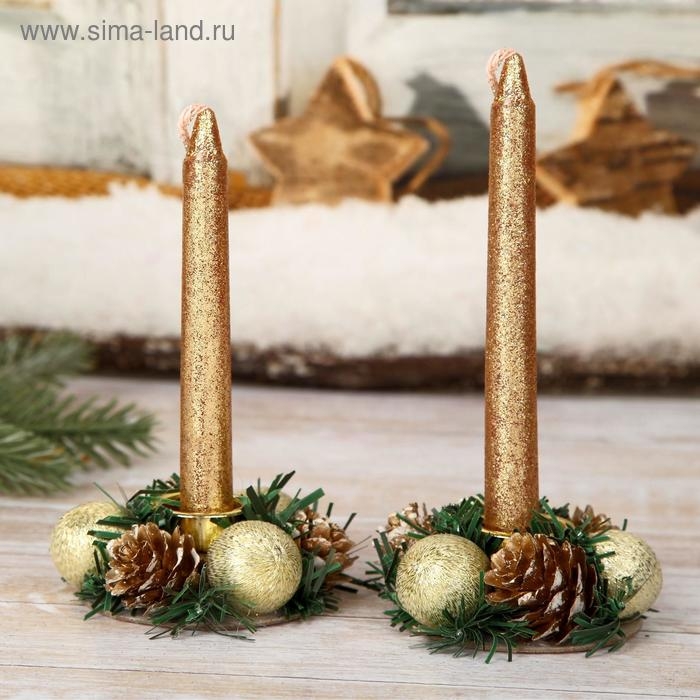 Свеча новогодняя с подсвечником Свеча новогодняя с подсвечником "Шишки и шарики" (набор 4 шт) 3,5х11х15 см, золото