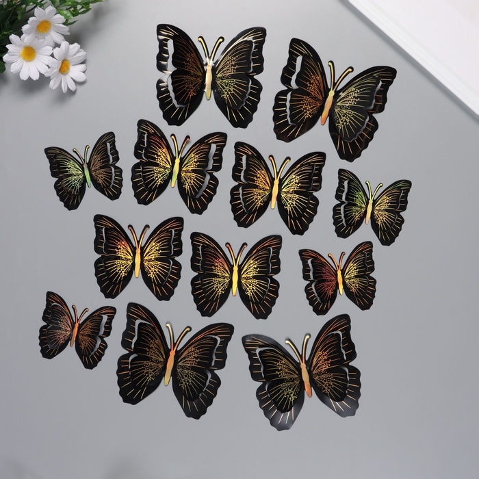 Наклейка пластик Наклейка пластик "Бабочки чёрные с золотом" двойные крылья набор 12 шт 12 см, 10 см 8 см