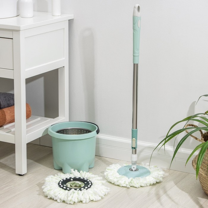 Швабра с отжимом и ведро: ведро с металлической центрифугой 7,2 л, швабра с телескопическим черенком 76-105 см, запасная насадка из микрофибры, цвет МИКС Швабра с отжимом и ведро: ведро с металлической центрифугой 7,2 л, швабра с телескопическим черенком 76-105 см, запасная насадка из микрофибры, цвет МИКС