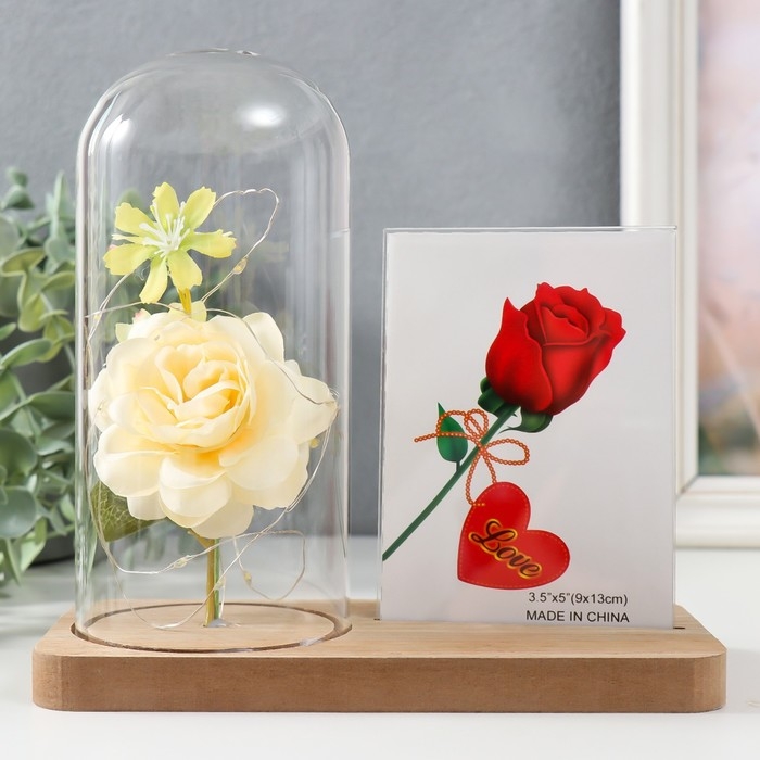 Фоторамка 9х13 см свет "Белая роза в колбе" от батареек 2хLR1130 9,8х19,5х18 см