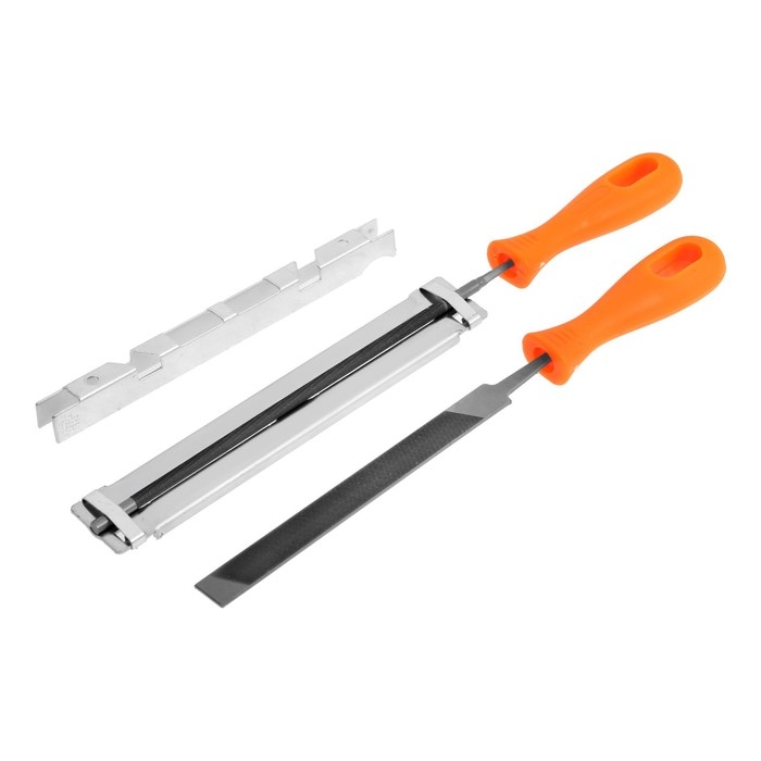 Набор для заточки цепей пил ТУНДРА, сталь ШХ15, шаг 3/8 Набор для заточки цепей пил ТУНДРА, сталь ШХ15, шаг 3/8", паз 1.3-1.6 мм, d=5.5 мм, плашки