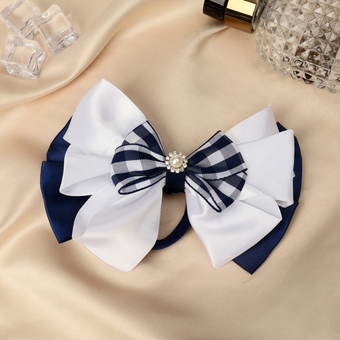 Резинка для волос Резинка для волос "Школьница" бант цветочек и клеточка, 12 см, бело-синий