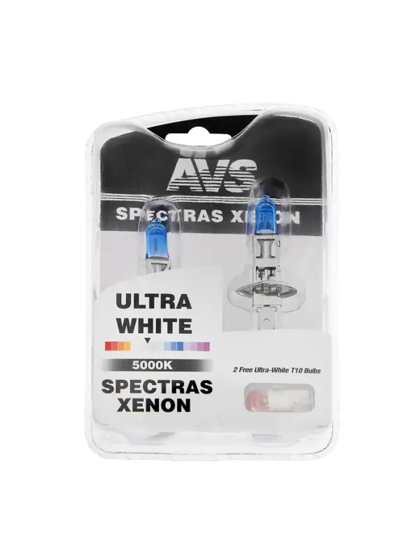 Лампа автомобильная AVS SPECTRAS Xenon 5000K, H1, 12 В, 75 Вт, + T10, набор 2 шт.