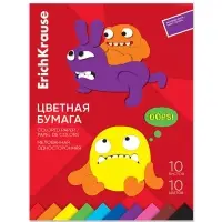 Бумага цветная ErichKrause. Jolly Friends, А4, 10 цветов, 10 листов, односторонняя, мелованная, на склейке Бумага цветная ErichKrause. Jolly Friends, А4, 10 цветов, 10 листов, односторонняя, мелованная, на склейке