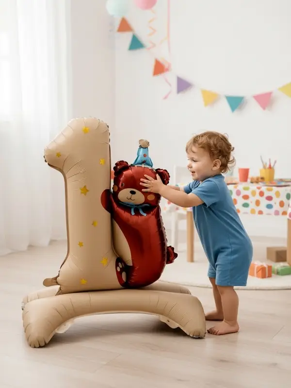 Воздушный шар фольгированный 32" "Цифра 1 с мишкой"  цвет бежевый, под воздух