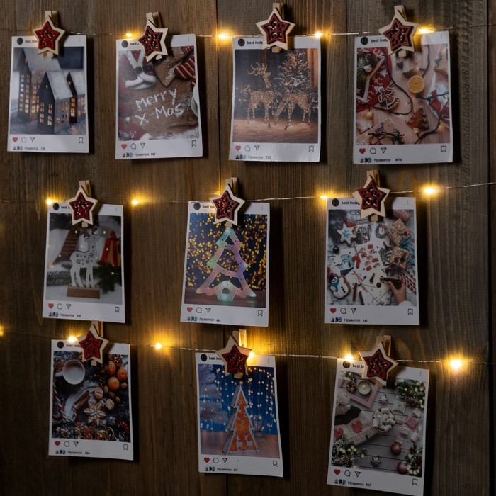 Гирлянда «Нить» 2 м роса с насадками «Прищепки-звёздочки», IP20, серебристая нить, 20 LED, батарейки ААх2 (не в комплекте), свечение тёплое белое Гирлянда «Нить» 2 м роса с насадками «Прищепки-звёздочки», IP20, серебристая нить, 20 LED, батарейки ААх2 (не в комплекте), свечение тёплое белое