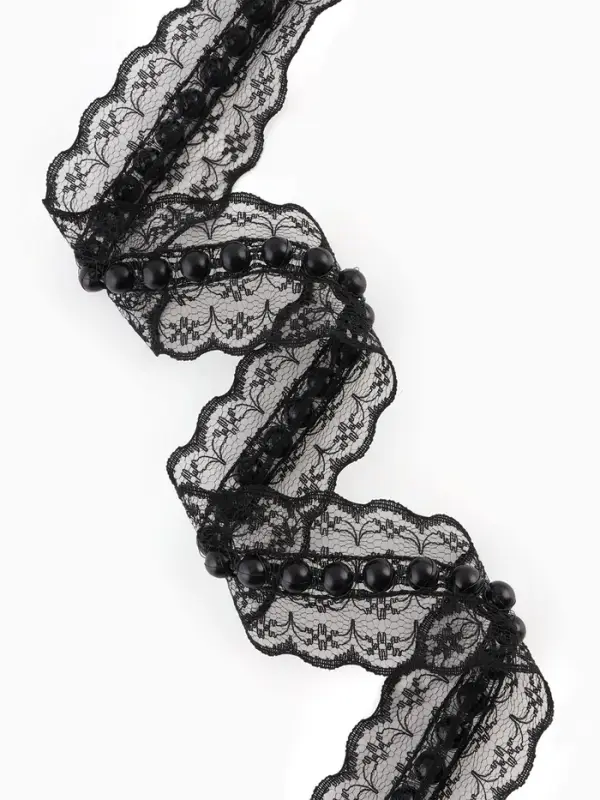 Рюш кружевной, с бусинами, 40 мм, 4.5&plusmn;0.5 м, чёрный