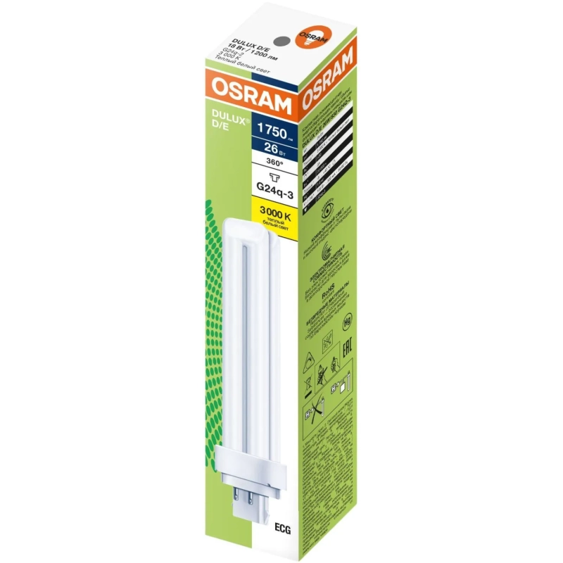 Лампа люминесцентная компактная DULUX D/E 26Вт/830 G24q-3 OSRAM (122439)