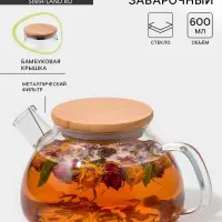 Заварочный чайник BellaTenero &laquo;Эко&raquo;, 600 мл, 18&times;12&times;10 см, с бамбуковой крышкой, металлический фильтр, стекло