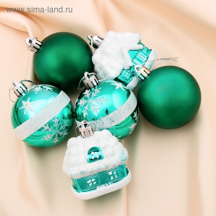 Набор украшений пластик 6 шт Набор украшений пластик 6 шт " Домик " (4 шара, 2 домика) 6 см, зелёный