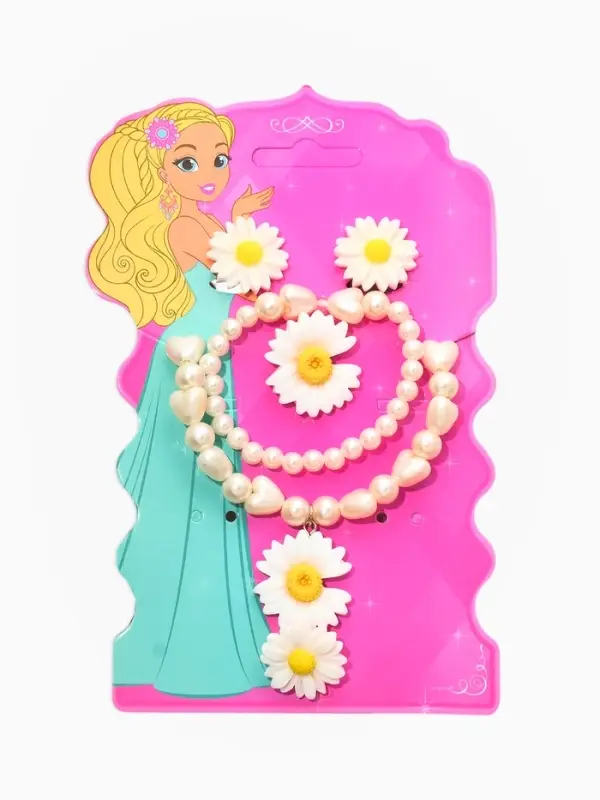 Набор детский &laquo;Выбражулька. Цветок&raquo;, 4 предмета: бусы, клипсы, браслет, кольцо безразмерное, жёлтый, белый