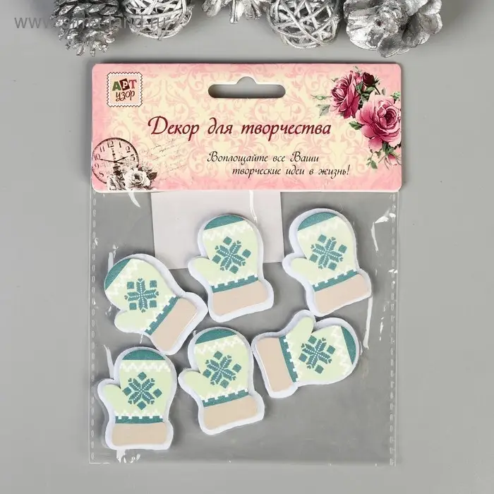 Декор для творчества дерево, войлок Декор для творчества дерево, войлок "Варежки" набор 6 шт 4х3,2 см