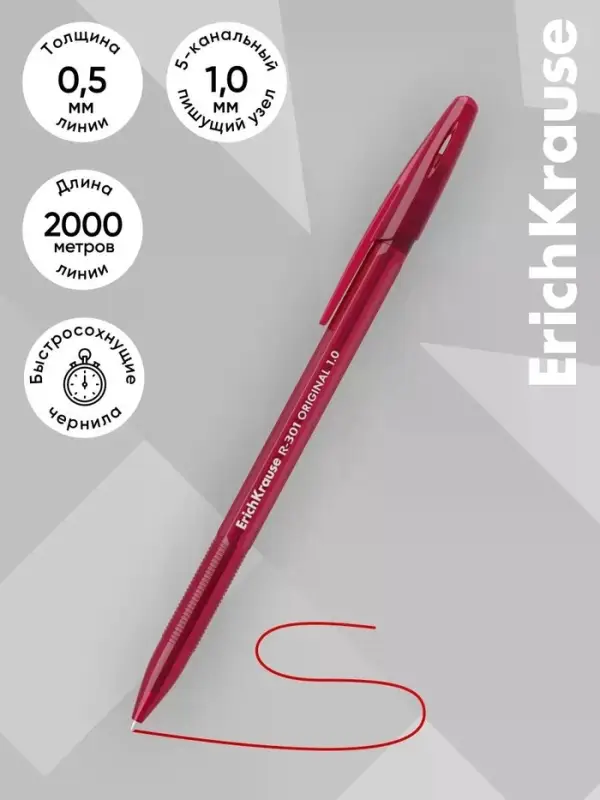 Ручка шариковая ErichKrause R-301 Stick Original, узел 1мм, красная