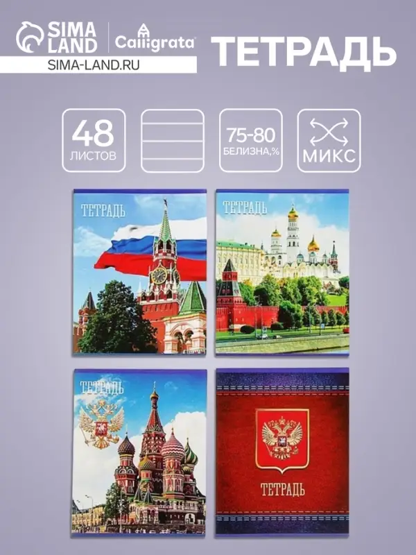 Тетрадь 48 листов в клетку Calligrata «Россия», обложка мелованная бумага, блок №2, белизна 75% (серые листы), МИКС