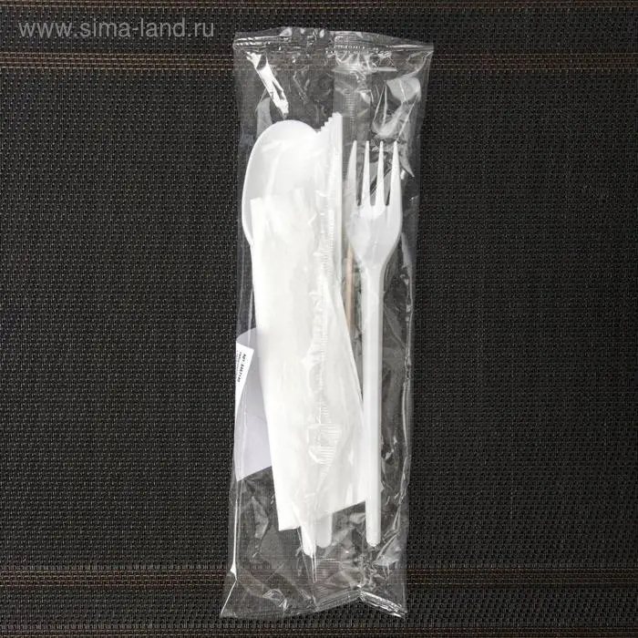 Набор пластиковых одноразовых столовых приборов 5 в 1: вилка, ложка, нож, салфетка, зубочистка, цвет белый Набор пластиковых одноразовых столовых приборов 5 в 1: вилка, ложка, нож, салфетка, зубочистка, цвет белый