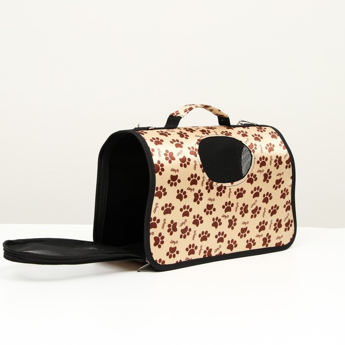 Сумка - переноска для животных  Сумка - переноска для животных "Лапки Happy", бежевая, размер L, 53 х 21 х 29 см