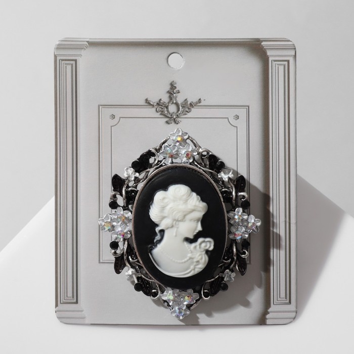 Брошь  Брошь "Камея" в цветах, цвет чёрно-белый в чернёном серебре