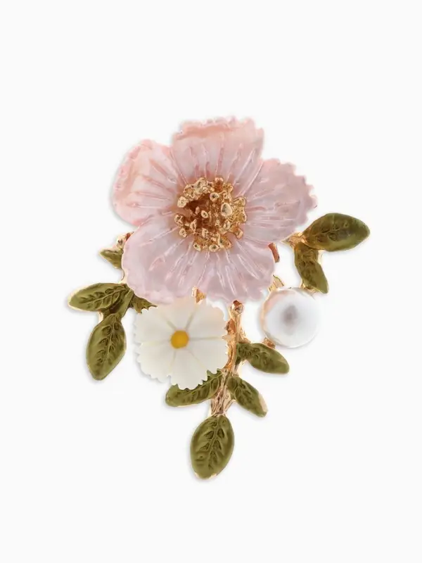 Брошь &laquo;Цветы на ветке&raquo;, розовая, белый в золоте