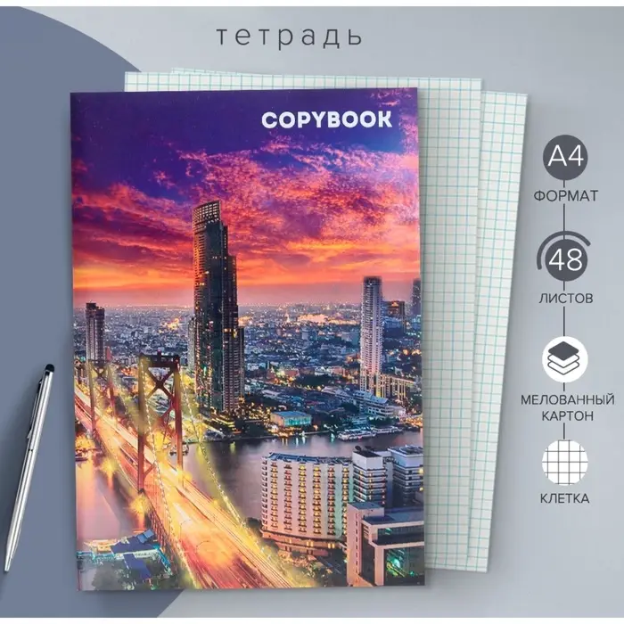 Тетрадь А4, 48 листов в клетку &laquo;Город&raquo;, серые листы