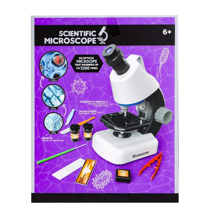 Микроскоп детский «Юный ученый» кратность х100, х400, х1200, подсветка, цвет белый Микроскоп детский «Юный ученый» кратность х100, х400, х1200, подсветка, цвет белый