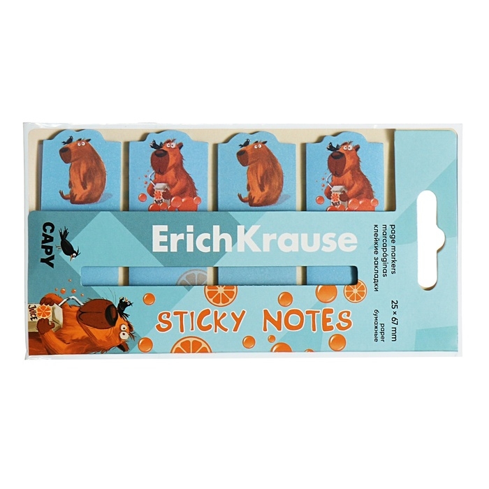 Закладки с клеевым краем бумажные 25x67 мм, ErichKrause "Happy Capy", 80 листов, голубые с принтом