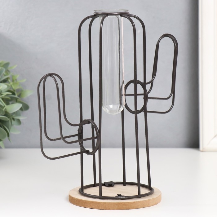 Декор металл, стекло, дерево Декор металл, стекло, дерево "Кактус" на подставке чёрный 20х12х22,5 см