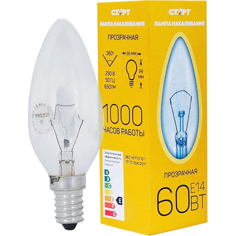 Лампа накаливания СТАРТ свеча/прозрачная 60W E14
