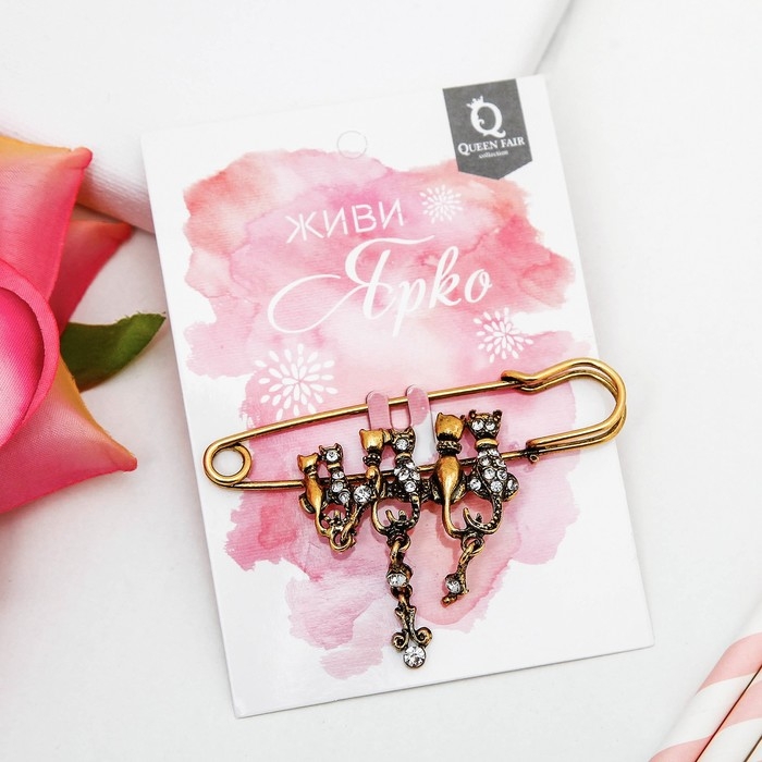 Булавка «Кошачье семейство», 7 см, цвет белый в чернёном золоте Булавка «Кошачье семейство», 7 см, цвет белый в чернёном золоте