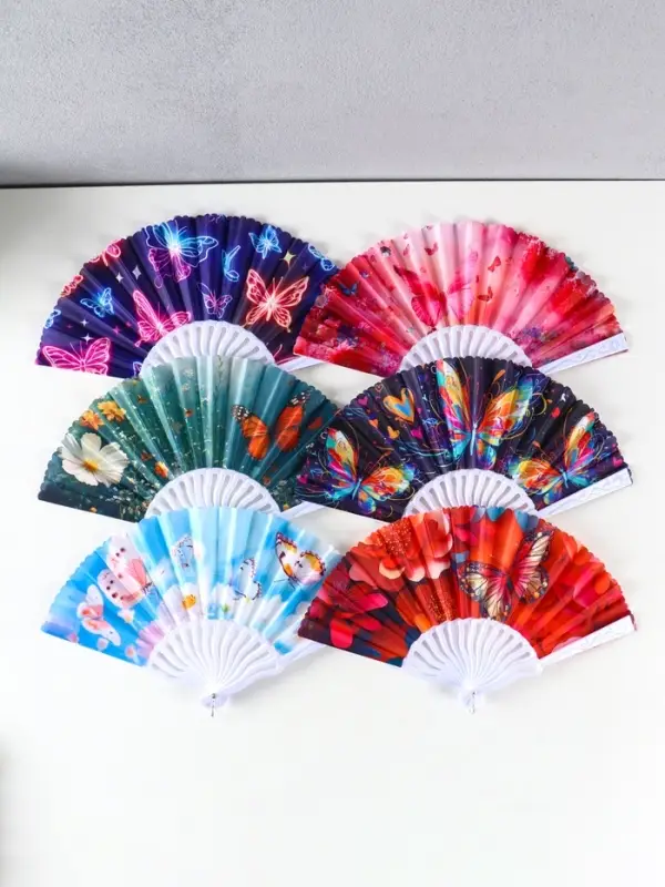 Веер пластик, текстиль  Веер пластик, текстиль "Бабочки и цветы" МИКС 23 см