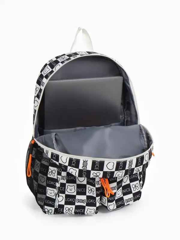 Рюкзак школьный на молнии, с карманами, в клетку, размер 30&times;14&times;43 см, чёрный