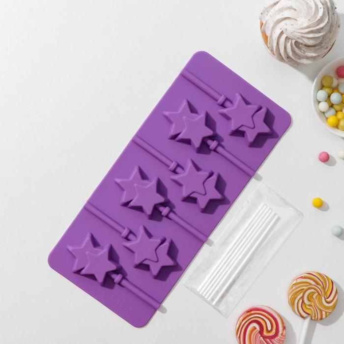 Форма для леденцов новогодний Доляна «Звёзды», силикон, 24×11×1 см, 6 ячеек (5,2×4 см), с палочками, цвет МИКС Форма для леденцов новогодний Доляна «Звёзды», силикон, 24×11×1 см, 6 ячеек (5,2×4 см), с палочками, цвет МИКС