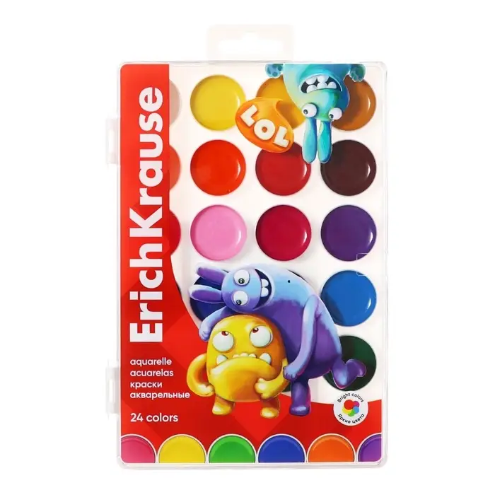 Акварель ErichKrause Jolly Friends, 24 цвета, матовые насыщенные цвета, пластиковая коробка с европодвесом