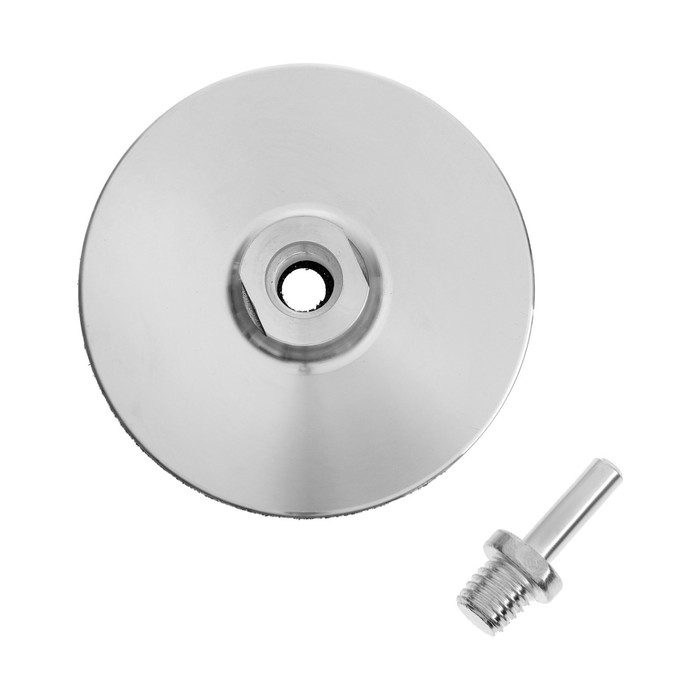 Насадка с липучкой для дрели и УШМ ТУНДРА, тонкий алюминиевый диск, М14, с адаптером, 100 мм Насадка с липучкой для дрели и УШМ ТУНДРА, тонкий алюминиевый диск, М14, с адаптером, 100 мм